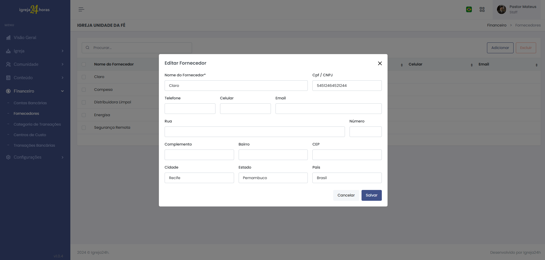 Financeiro Igreja 24h